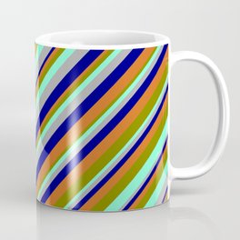 [ Thumbnail: Eyecatching Dark Grey, Blue, Chocolate, Green, and Aquamarine Colored Striped Pattern Coffee Mug ]