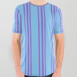 [ Thumbnail: Purple & Light Sky Blue Colored Pattern of Stripes All Over Graphic Tee ]