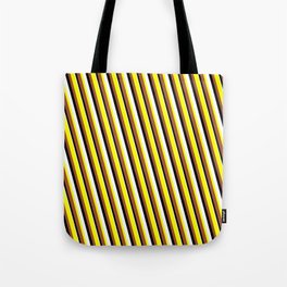 [ Thumbnail: Yellow, Sienna, Black, and White Colored Lined/Striped Pattern Tote Bag ]