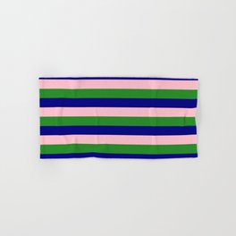 [ Thumbnail: Pink, Forest Green, and Blue Colored Striped/Lined Pattern Hand & Bath Towel ]
