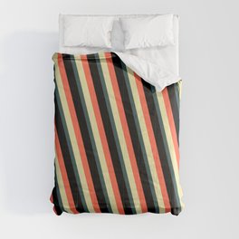 [ Thumbnail: Red, Pale Goldenrod, Dark Slate Gray, and Black Colored Lines Pattern Comforter ]