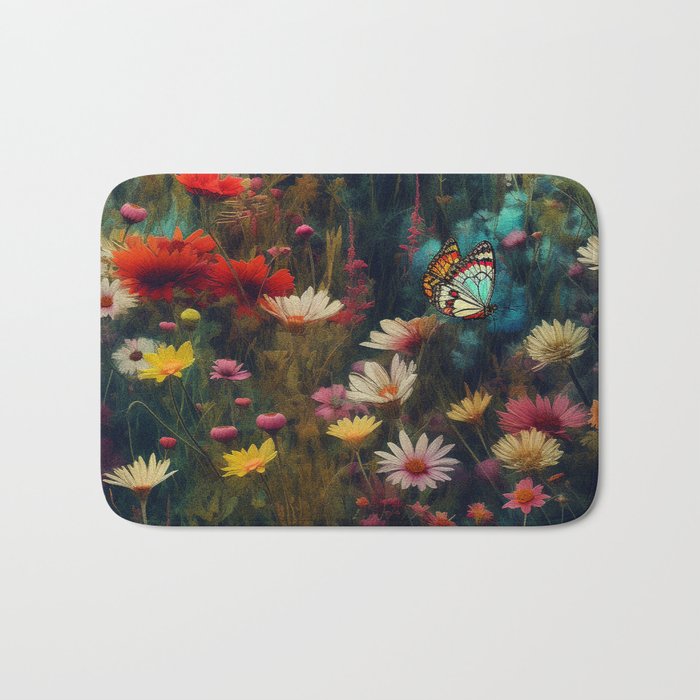 Lonely Butterfly Among Flowers Bath Mat