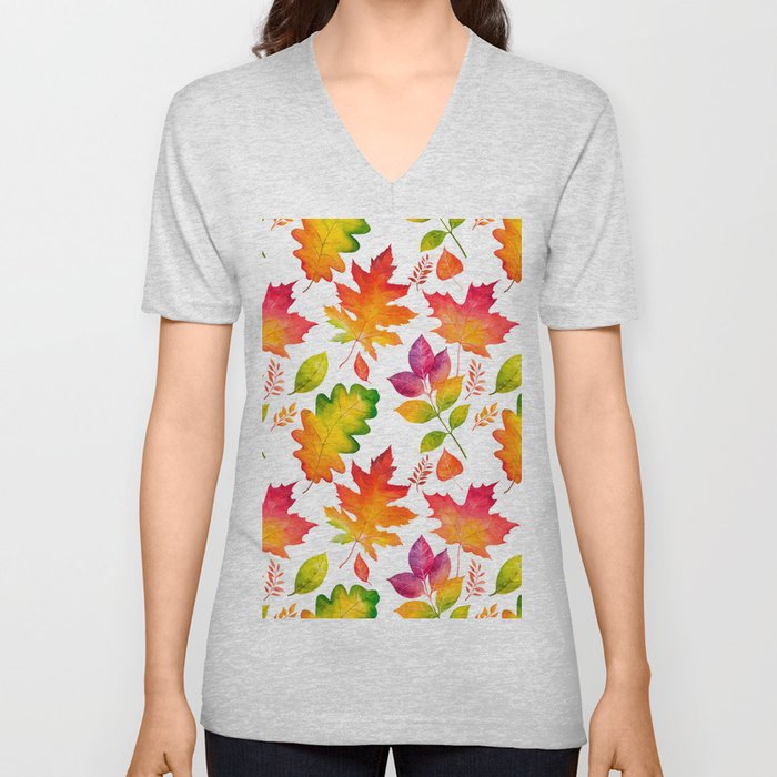Fall Leaves Watercolor - White V Neck T Shirt