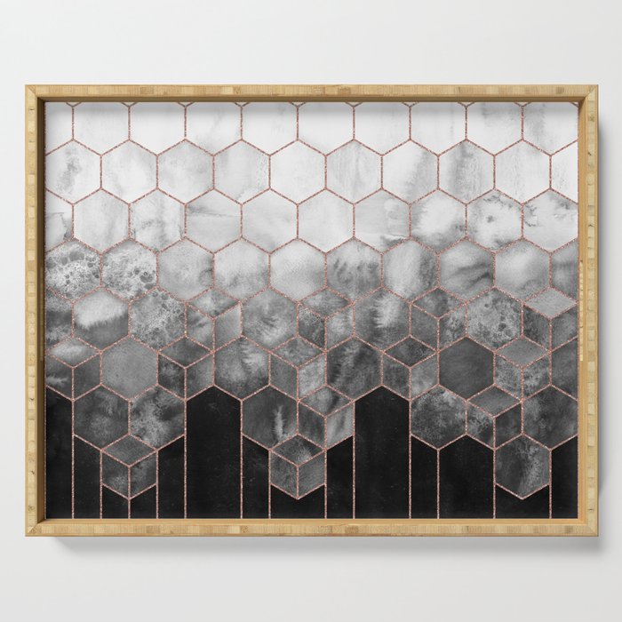 Cubes of Rose Gold - Midnight Black Nights Geometric Serving Tray