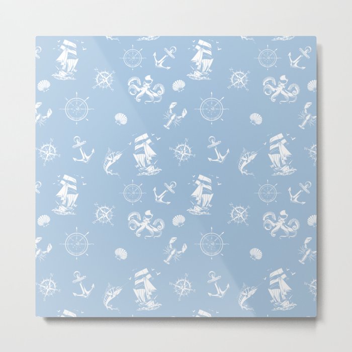 Pale Blue And White Silhouettes Of Vintage Nautical Pattern Metal Print