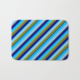 [ Thumbnail: Deep Sky Blue, Light Sky Blue, Green & Blue Colored Lined/Striped Pattern Bath Mat ]