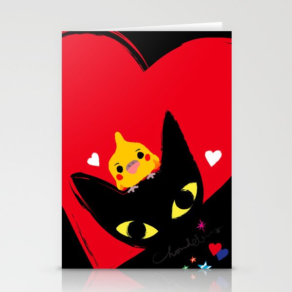 Cockatiel,Black cat,Hearts Stationery Cards