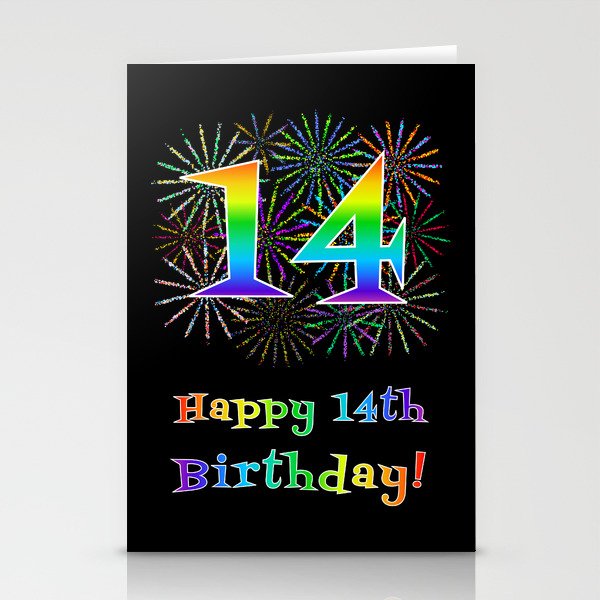 14th Birthday - Fun Rainbow Spectrum Gradient Pattern Text, Bursting Fireworks Inspired Background Stationery Cards