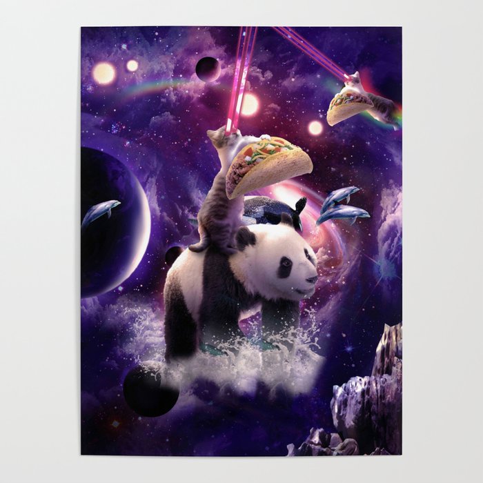 Rainbow Laser Space Cat On Panda Eating Taco Poster