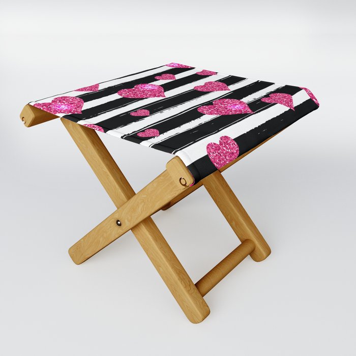 Black Stripes and Pink Hearts | Glitter Chic Pattern 09 Folding Stool