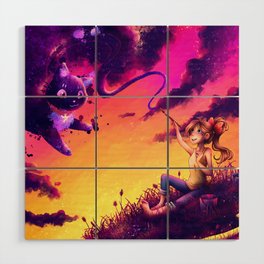 Girl with Galaxy Cat Wood Wall Art