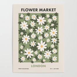 Flower Market London, Retro Daisies  Print, Green Ditsy Pattern Poster