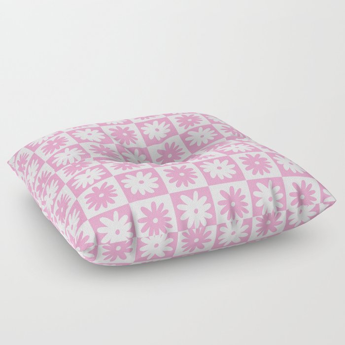 Pink And White Checkered Floral Pattern Floor Pillow
