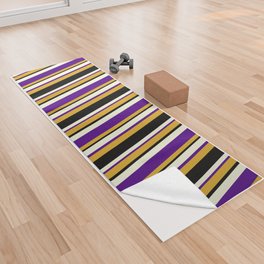 [ Thumbnail: Goldenrod, Indigo, Beige & Black Colored Pattern of Stripes Yoga Towel ]