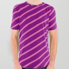 [ Thumbnail: Purple & Hot Pink Colored Stripes Pattern All Over Graphic Tee ]