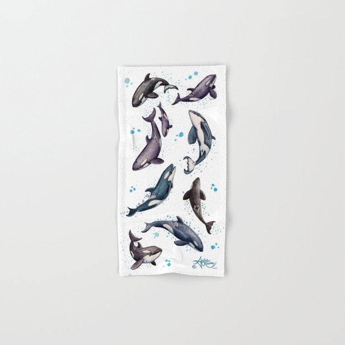 "Orca Pod in Watercolor" by Amber Marine, Killer Whale Art, © 2019 Hand & Bath Towel
