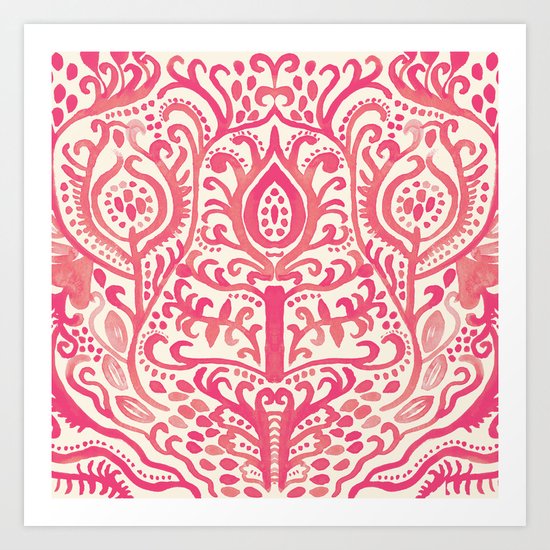 Strawberry and Cream Watercolor Tulip Damask Art Print
