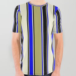 [ Thumbnail: Dark Khaki, Blue, Beige, and Black Colored Stripes/Lines Pattern All Over Graphic Tee ]