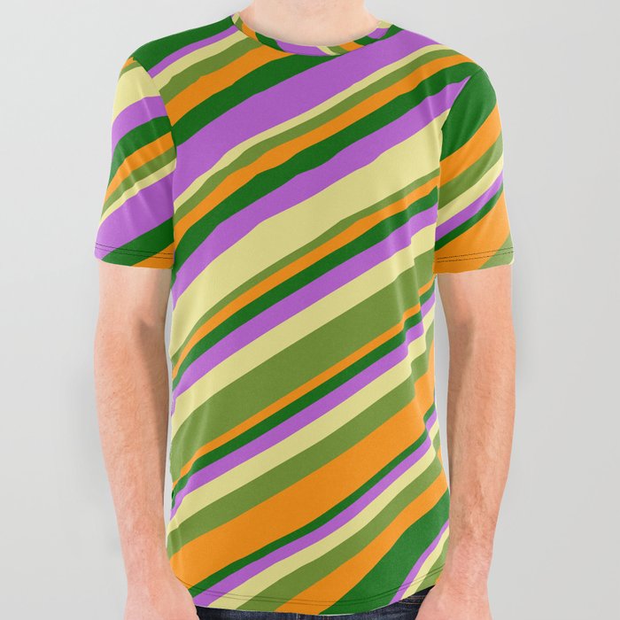 Tan, Green, Dark Orange, Dark Green & Orchid Colored Lines Pattern All Over Graphic Tee