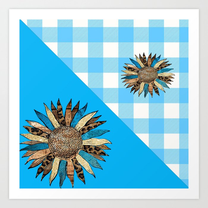 Sunflower in Blue Buffalo Plaid Pattern Art Print