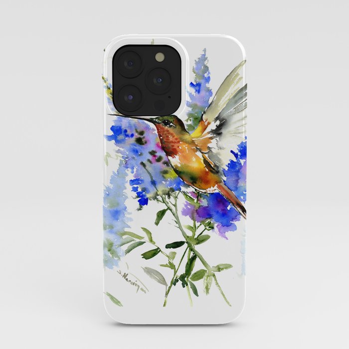 Alen's Hummingbird and Blue Flowers, floral bird design birds, watercolor floral bird art iPhone Case