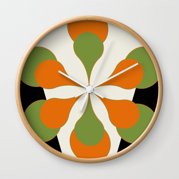 Mid-Century Modern Art 1.4 - Green & Orange Flower Wall Clock