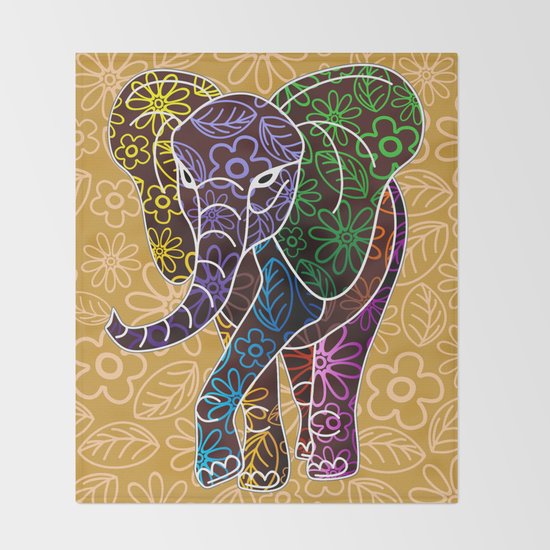 Elephant Floral Batik Art Design Throw Blanket