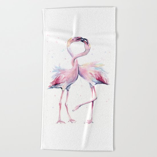 Two Flamingos Watercolor Flamingo Love Beach Towel
