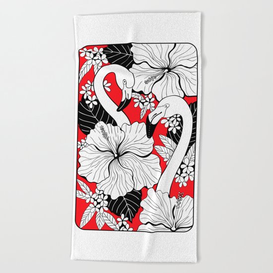 Flamingos and tropical flowers and leaves Beach Towel