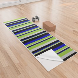 [ Thumbnail: Light Grey, Green, Blue & Black Colored Lined Pattern Yoga Towel ]