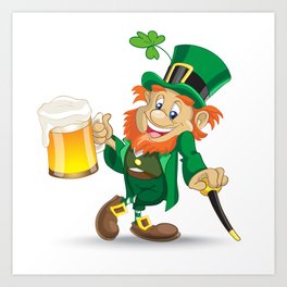 St Patrick leprechaun with cup of beer and cane Art Print