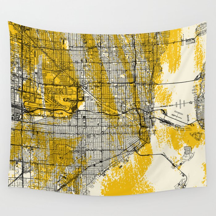 Miami Artistic Map - Yellow Collage Wall Tapestry
