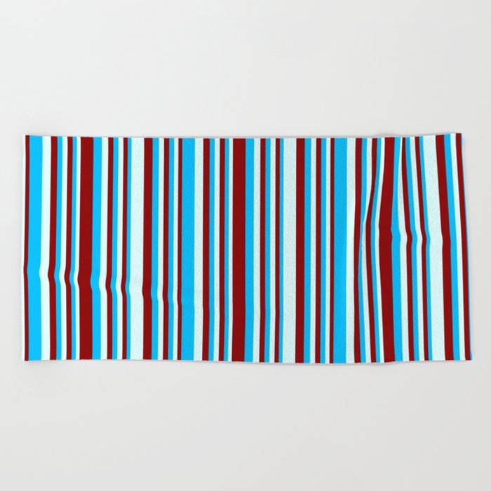 Deep Sky Blue, Dark Red & Light Cyan Colored Pattern of Stripes Beach Towel