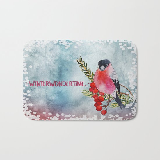 Winter Wondertime - Merry christmas- Little finch on branch-covered with snow Bath Mat