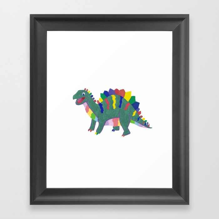 Colorful Stegosaurus Dinosaur Rainbow Pattern with Green Body Framed Art Print