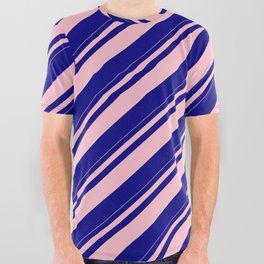 [ Thumbnail: Pink & Blue Colored Striped Pattern All Over Graphic Tee ]