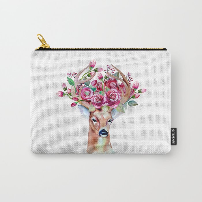 Shy watercolor floral deer Carry-All Pouch