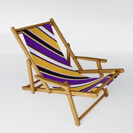 [ Thumbnail: Goldenrod, Lavender, Indigo, and Black Colored Lined Pattern Sling Chair ]