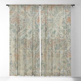 Distressed Antique Floral Chintz Pattern Sheer Curtain