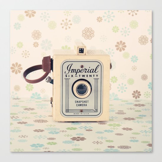 Retro Film Camera on Beige - Cream Pattern Background Canvas Print