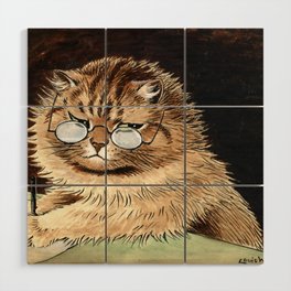 Cat at work with glasses by Louis Wain Wood Wall Art