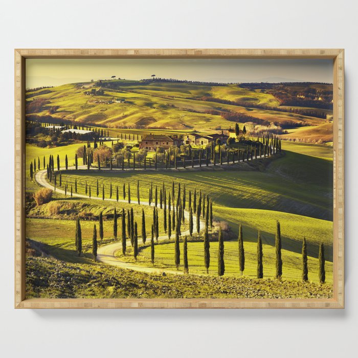 Tuscany, Crete Senesi rolling hills landscape at sunset Serving Tray