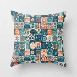 Minimalist  Ethnic Tribal Icon Blue Pattern Throw Pillow