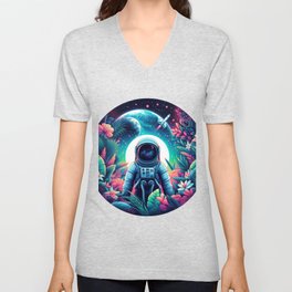 astronaut floating on the moon with flowers V Neck T Shirt