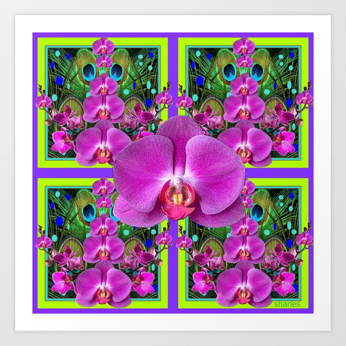 Green-Purple Tropical Orchids Pattern Design.  Art Print