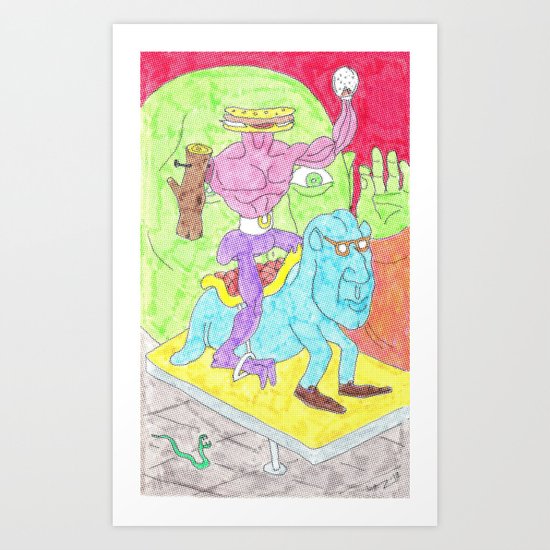 Sandwich man and his snowglobe Art Print