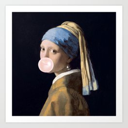 Girl with Pearl Earing Blowing Gum Art Print