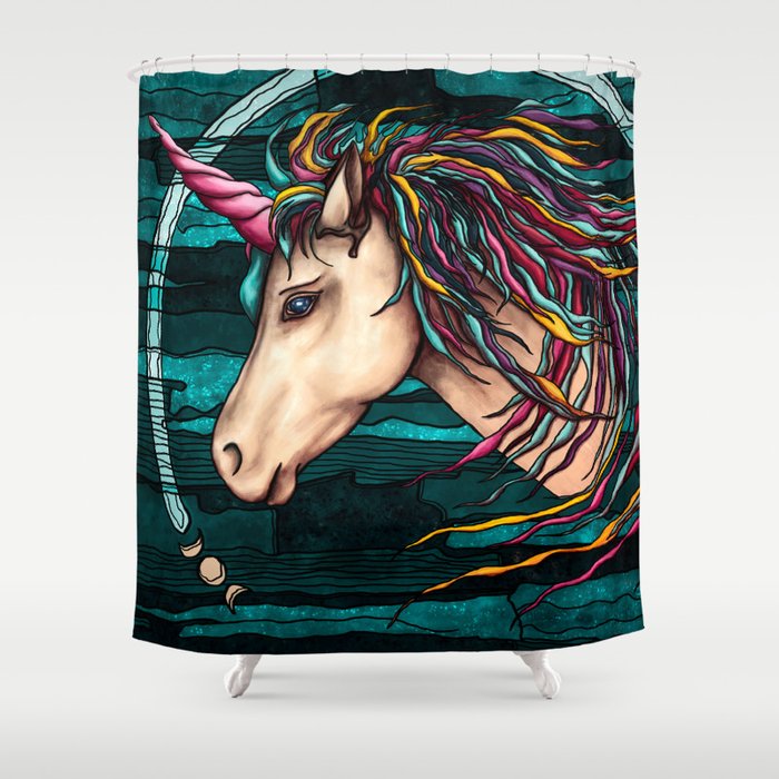 Rainbow unicorn painting, legendary creature on teal background Shower Curtain