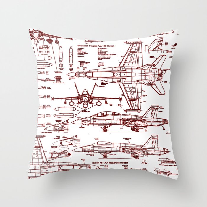 F-18 Blueprints // Red Ink Throw Pillow