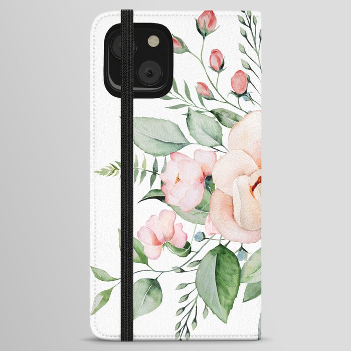 Watercolor light pink flowers and green leaves bouquet illustration iPhone Wallet Case